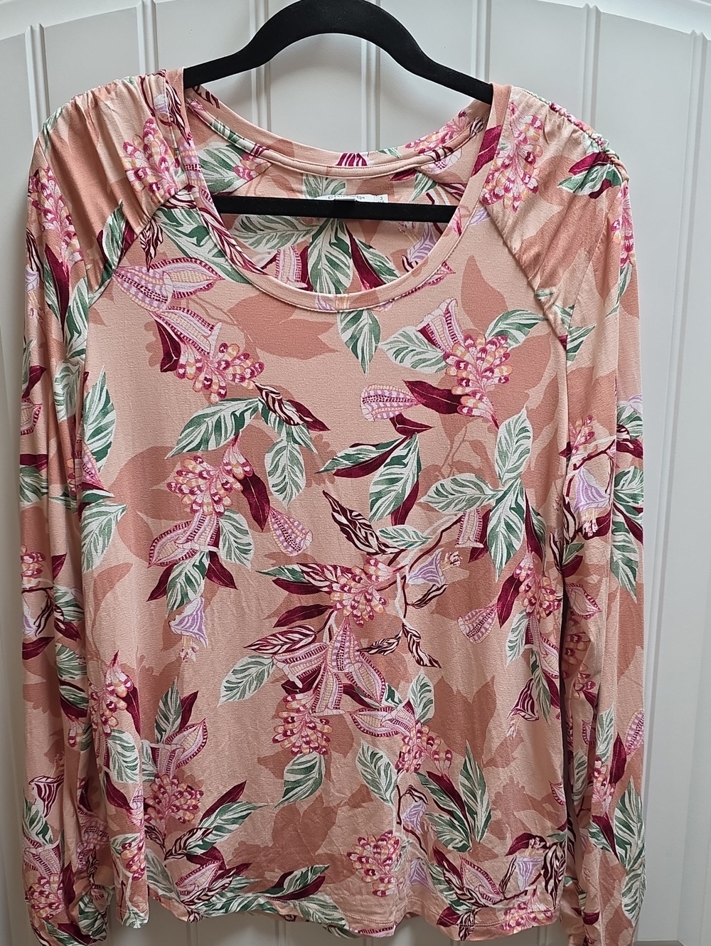Chico's Floral Long-Sleeve Scoop Neck Top - Pink 3 XL